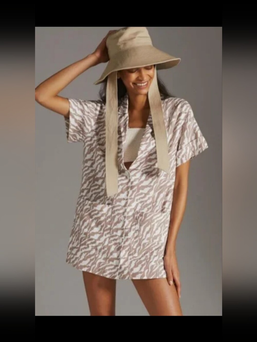 Amadi Beige Zebra Print Button-Up Mini Shirt Dress